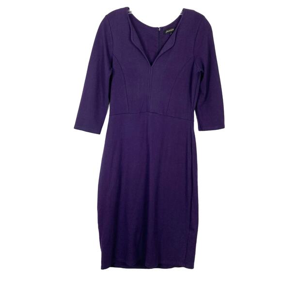 NWOT JAEGER Dress S Purple Sheath V Neck 3/4 Sleeve Stretch Knee Zip
